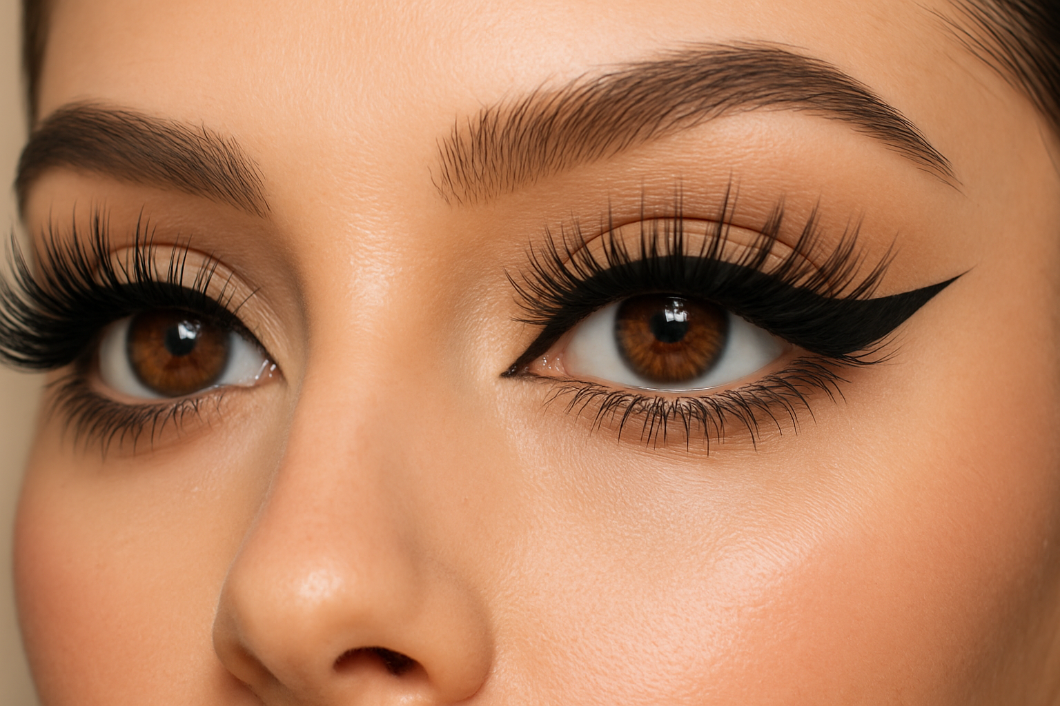 hazme una foto en primer plano de los mismos ojos marrones que me hiciste para la foto de before, pero esta vez con pestañas postizas y un delineado cat eye negro