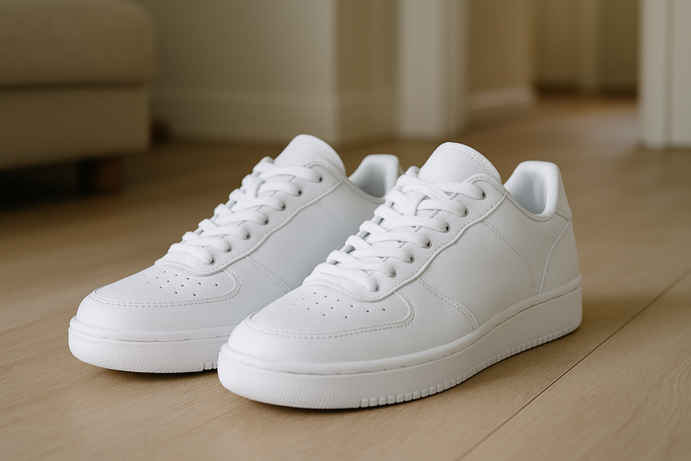 hazme una imagen de exactamente las mismas zapatillas sucias de mi foto en BEFORE, pero esta vez totalmente limpias y blancas, mismo fondo, misma habitacion.