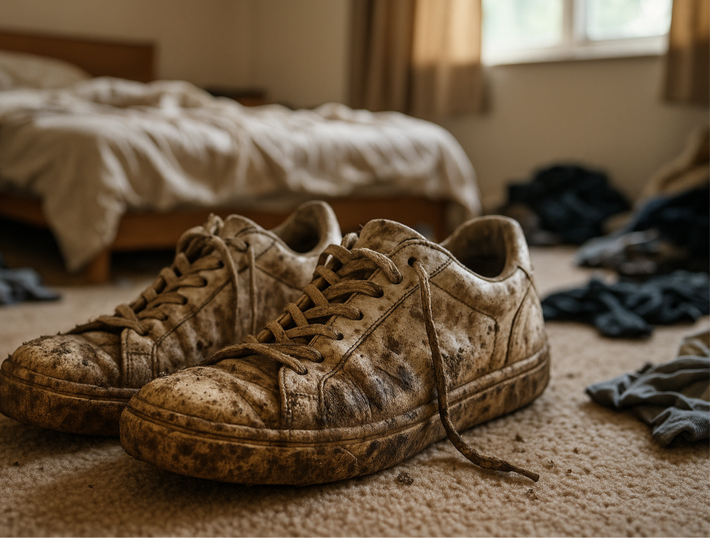 hazme una imagen de un par de zapatillas blancas, pero MUY sucias, de fondo una habitacion cualquiera, lo mas real posible